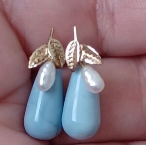 14k Leaf Pearl  And Blue Peruvian Opal Teardrop Earrings
